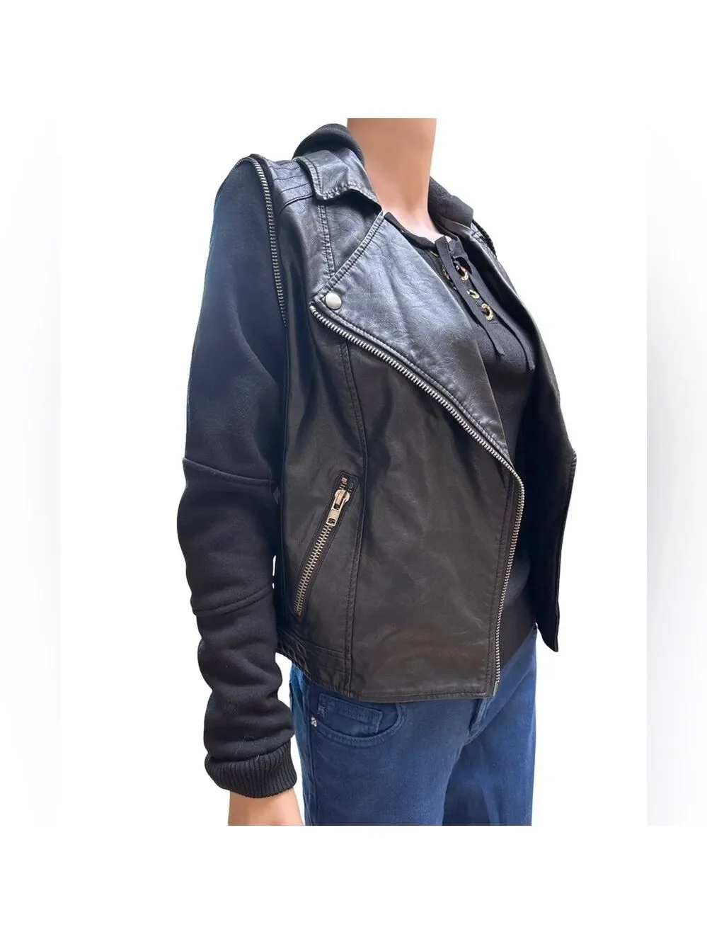 Jolt Black Vegan Leather Hooded Moto Jacket for Women Size Small NWT